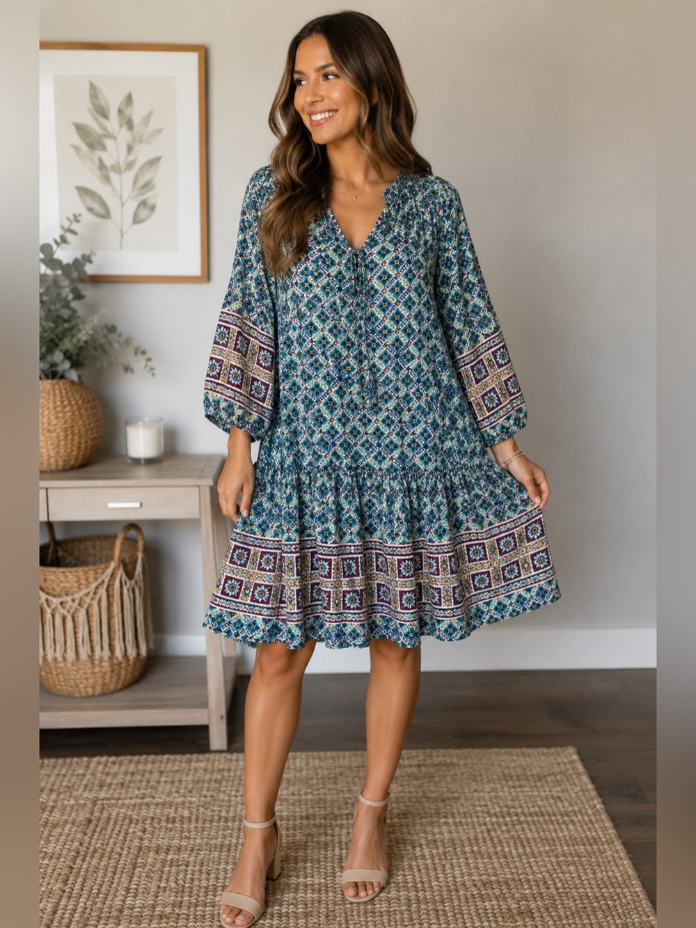 Kori Boho Print Teal Green Tunic Dress